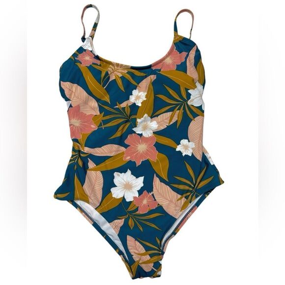 Kona Sol Blue One Piece Swimsuit with Pink Flowers Bathing Suit Floral Cute - Picture 1 of 5